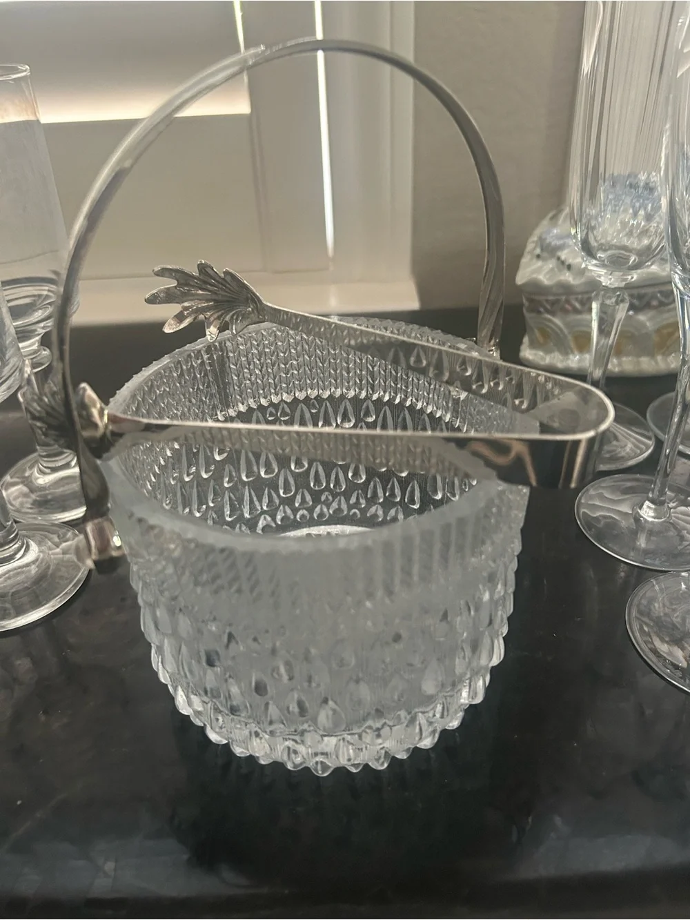Vintage Clear Textured Glass mini Ice Bucket with Silver Handle